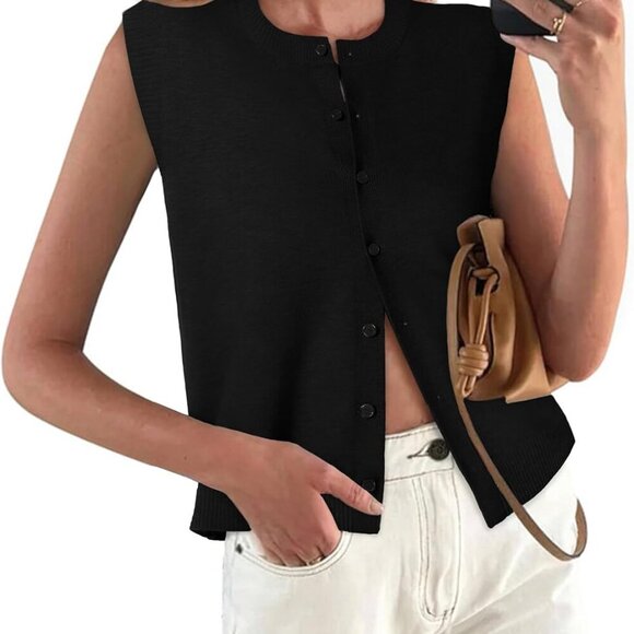 Sweater Vest Women Crewneck Button Down Tank Tops Sleeveless Knit Cardigan Crop - Picture 1 of 5
